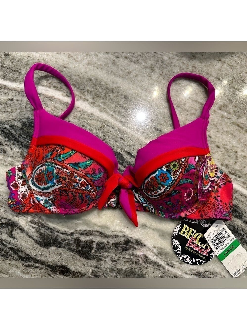 BECCA by Rebecca Virtue Fuchsia Red Pink Paisley Floral Bikini swim top NWT Sz L